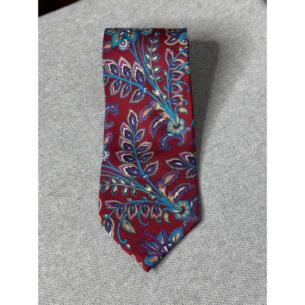Christian Dior Men's Neck Tie Florals on red background, colorful 100% silk USA